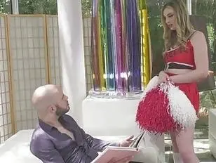 Bigtits TS cheeleader rides cock on couch